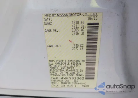 2013 Nissan Altima 2.5 Sl from USA, damaged, VIN 1N4AL3APXDN583362